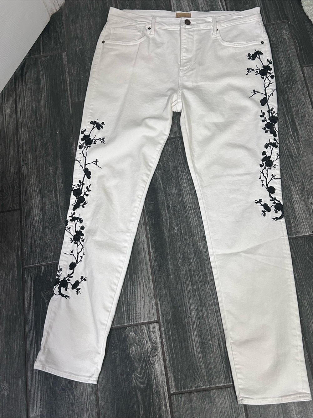DRIFTWOOD White Jeans with Black Floral Side Embroidery